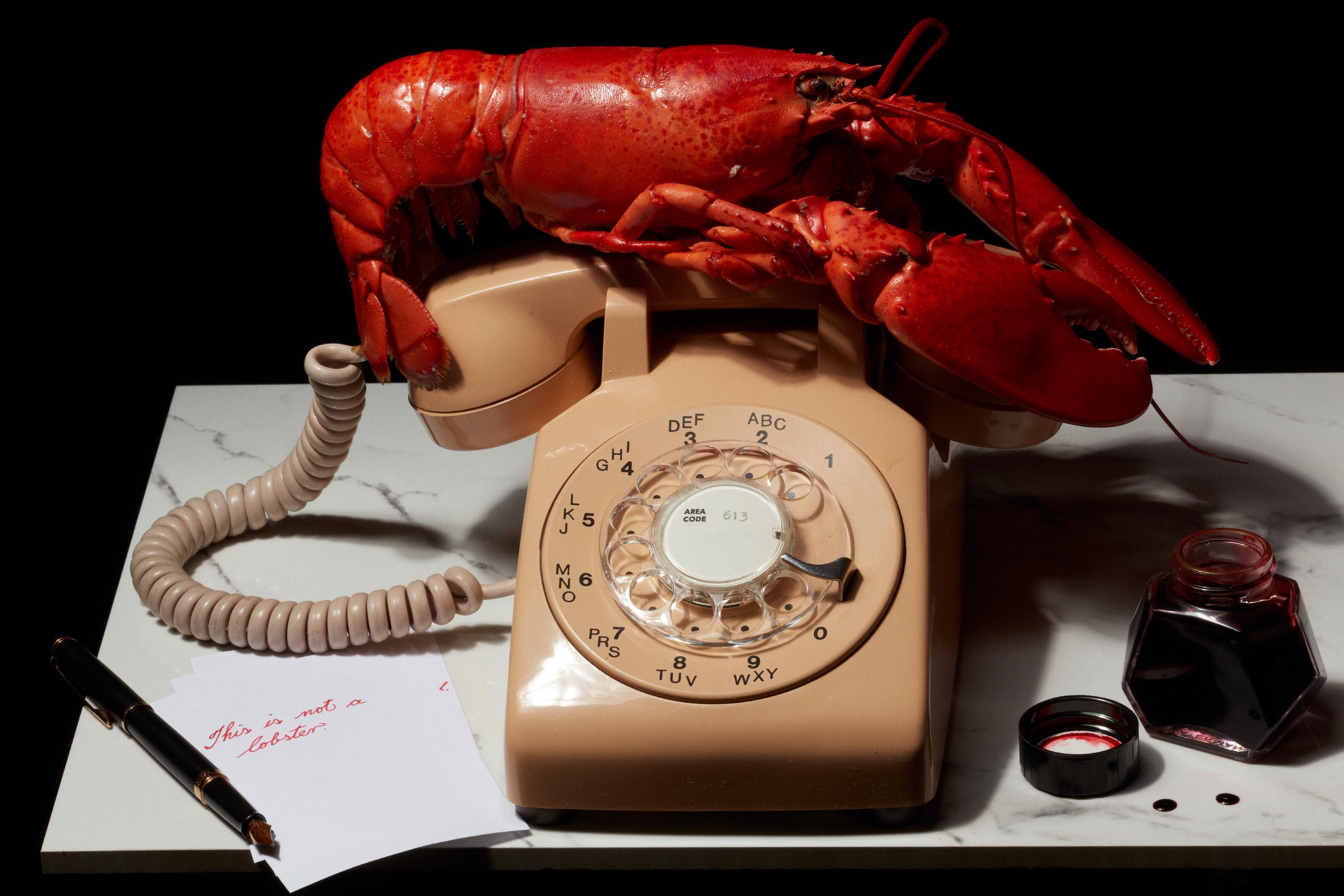 A surrealist scene inspired by Salvador Dali. A vibrant red lobster rests atop a vintage rotary phone. Scattered across the marble surface are ink-stained papers, a fountain pen, and a bottle of red ink. A handwritten note reads, 'This is not a lobster.'